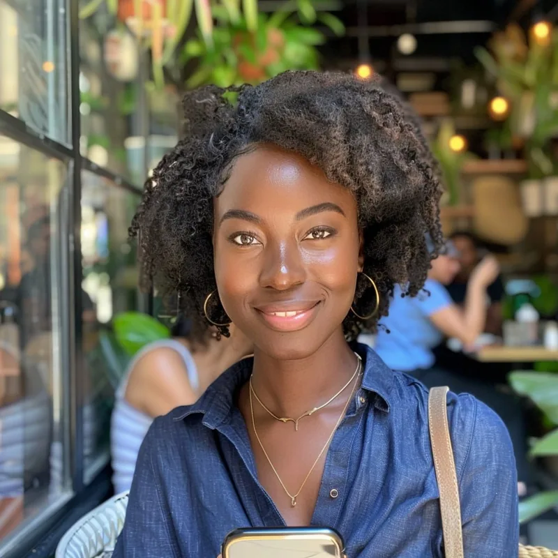 A young woman reading on her phone at a sunny cafe